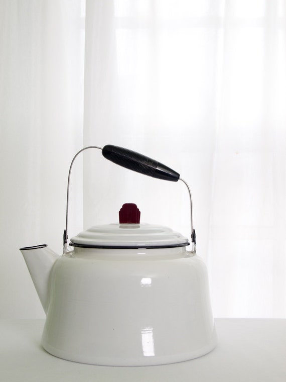 White Enamel Tea Kettle with Bakelight Handle by godshomemovies