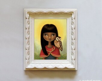 Girl and owl art big eye - 8x10 art print on somerset velvet - Woodland fairytale art Tia by Marisol Spoon