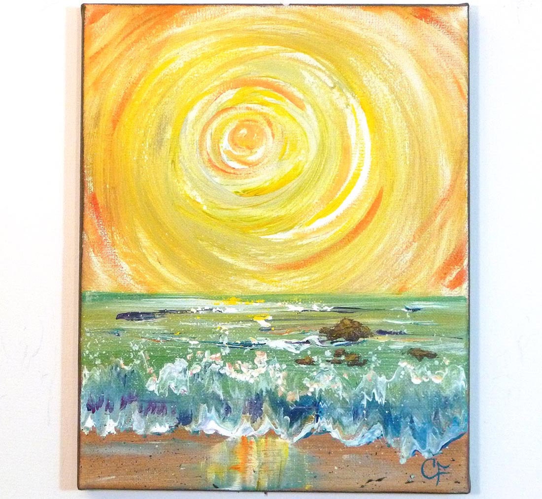 Abstract modern art Ocean sunset small colorful original