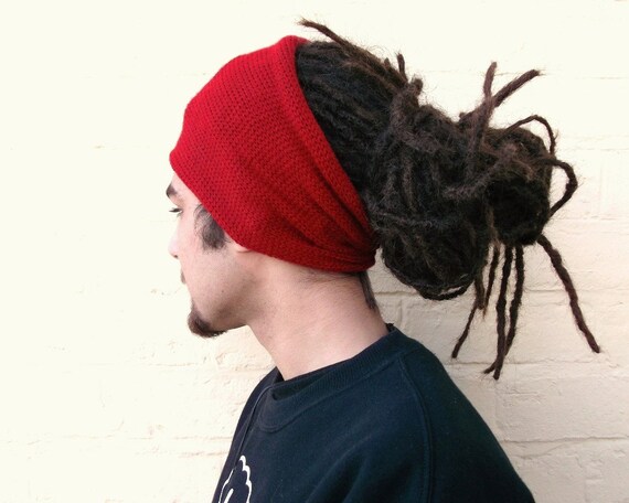 Red headband mens hair wrap wide knit accessory.