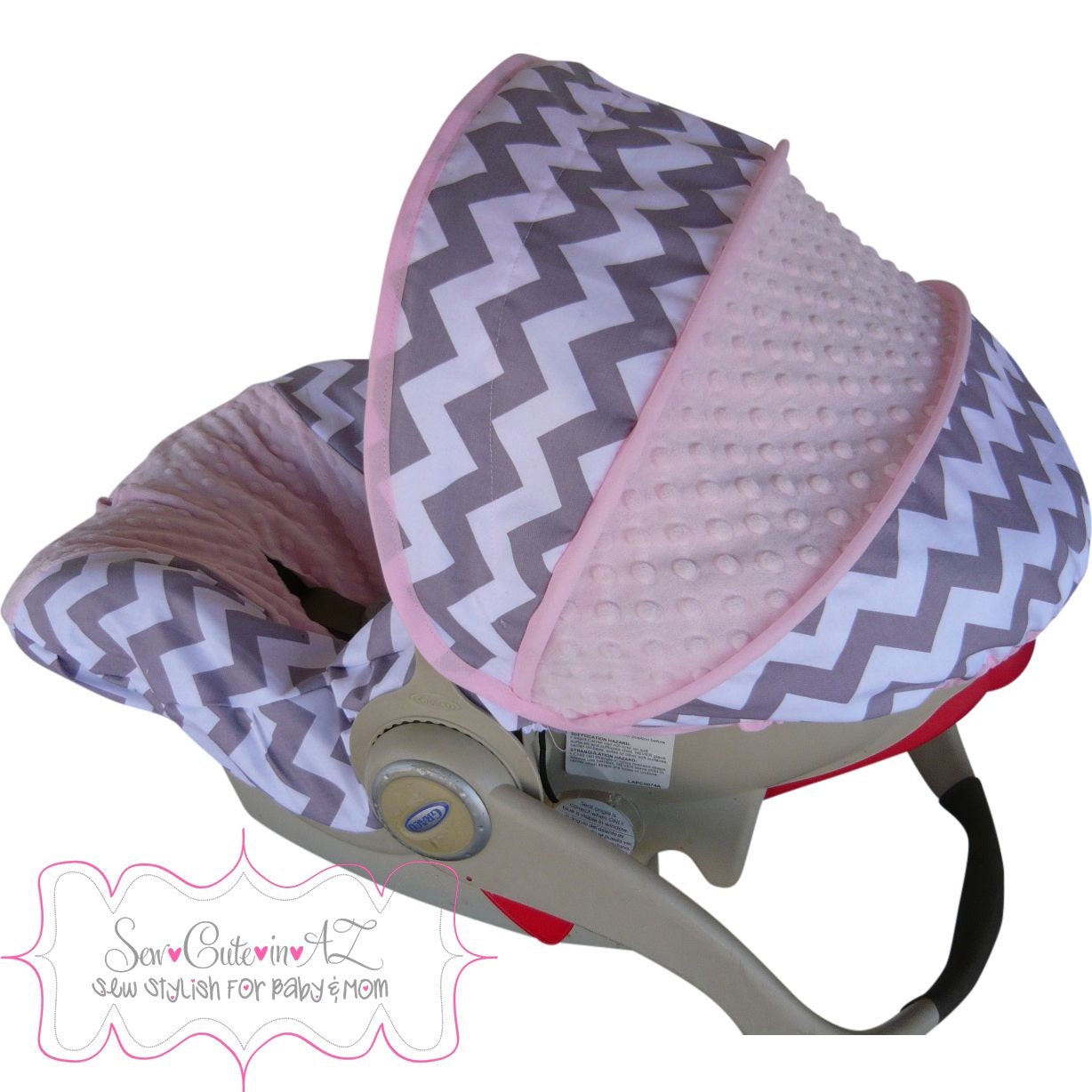 Infant Car Seat Cover Gray Chevron with Light Pink Pink