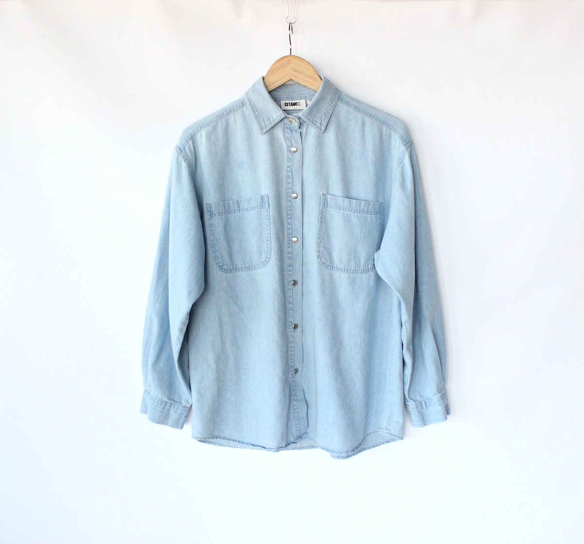 Vintage 80s Light Blue Jean Button Up Shirt // by vauxvintage