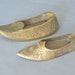 Vintage Miniature Moroccan Style Slipper Incense Burner set of 2 / Brass Shoe Ashtray, Exotic Etched Pair, Altered Art Assemblage Tobacciana
