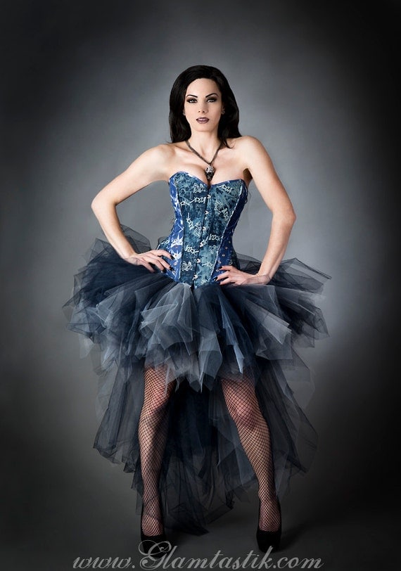Custom size Punk Rock Blue  and silver denim  and tulle corset