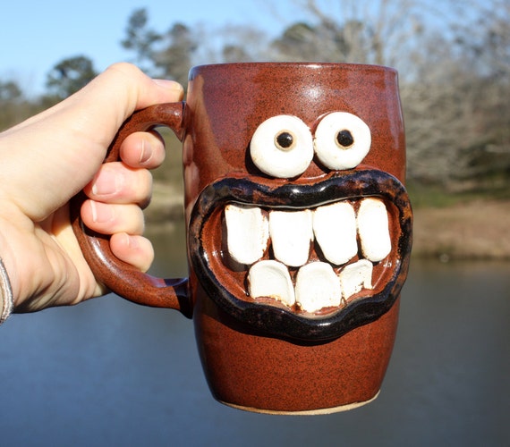 Funny Face Mug. Large 20 Ounce. Red Handmade Stoneware Coffee