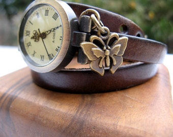 Sale - Wrap Around Chocolate Brown Leather Wrap Watch - Leather Bronze Wrist Watch - Butterfly Charm - Watch