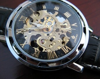 Elegant Luxury Mechanical Wrist Watch, Black Leather Wristband - Automatic - Men's Watch - Groomsmen Gift - Steampunk - Item MWA08