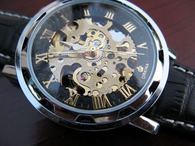 Elegant Luxury Automatic Mechanical Wrist Watch with Black Leather Wristband - Steampunk - Best Man - Groomsmen Gift - Watch - Item MWA08
