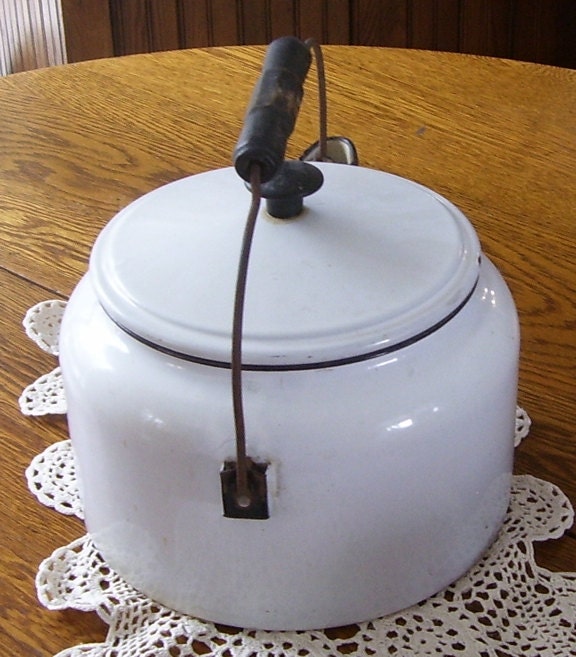 Antique White Enamel Ware Stove Top Water Kettle Black Trim