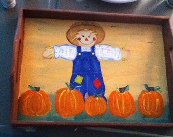 Handpainted Fall Pumpkin and Scarecrow tray