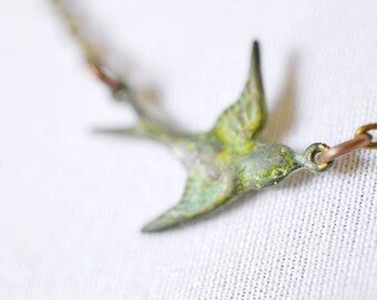Tiny Bird Necklace / Sparrow Verdigris Charm with Teal Green Patina / Tiny Antiqued Bird Sideways Charm Necklace, Swallow Charm