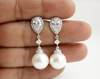 Pearl Wedding Earrings Crystal Pearl Bridal Earrings White Round Swarovski Pearl Earrings, Amelia