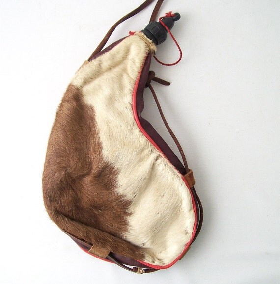 vintage water bag flask leather deer skin fur bladder rustic