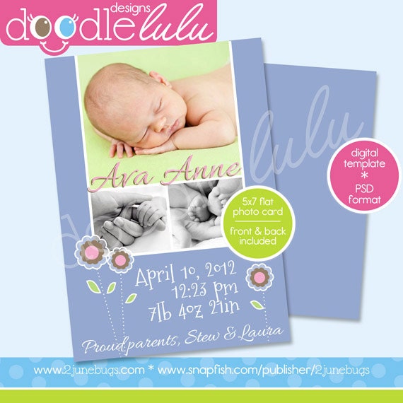 INSTANT DOWNLOAD Digital Printable 5x7 Blue / Periwinkle / Purple with Flowers Baby Announcement or Birthday Card Template (Photoshop) PSD Il_570xn