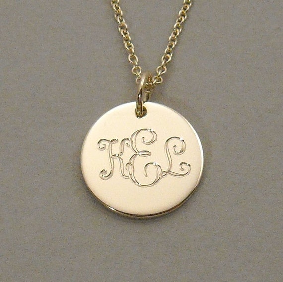 14KY Gold Engraved monogram pendant necklace by GaudyBaubles