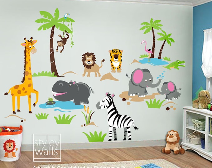 Safari Jungle Animals HUGE Wall Decal Set Monkey Giraffe Elephant Lion Zebra Tiger Crocodile Hippo Nursery Kids Playroom Room Sticker Art