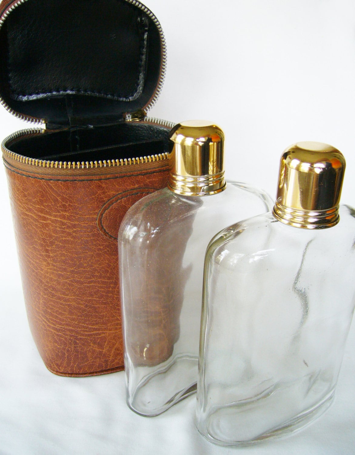 Vintage Faux Leather Liquor Travel Case w/ Glass Bottles