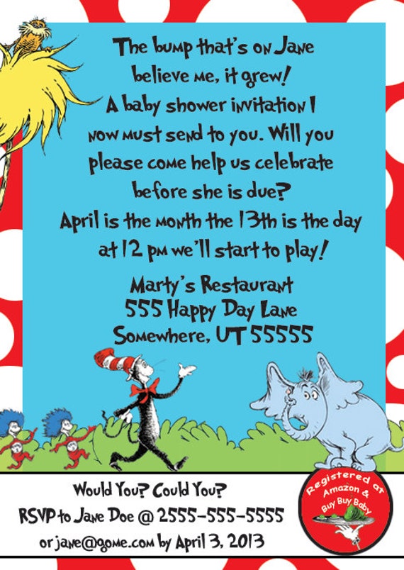 25-100 Dr. Seuss Baby Shower Invitation Customized Printed