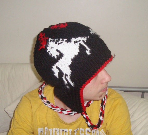Knit Horse Hat Adult Man Hats with Ear Flaps Winter Black Hat