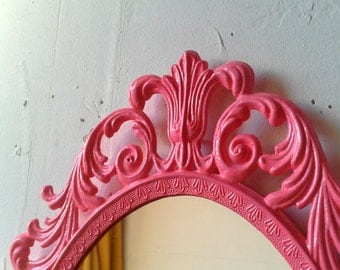 Pink Oval Princess Mirror, Ornate Vintage Framed Mirror in Bubble Gum Pink, 13 by 10 inches, Nursery or Girls Room Decor