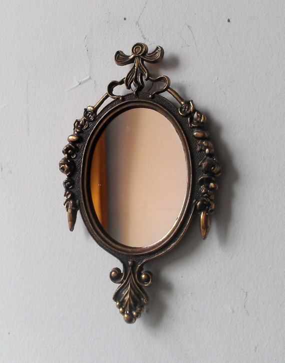 Oval Mirror In Small Vintage Tarnished Brass Frame