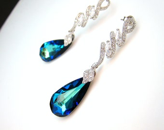 wedding bridal swarovski bermuda blue crystal teardrop cubic zirconia on luxury curvy cz post earrings