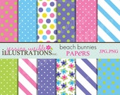 Beach Bunnies Cute Digital Papers Backgrounds for Invitations, Card Design, Scrapbooking, and Web Design, Easter Pastel Papers Il_170x135