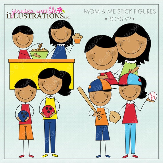 Mom and Me Stick Figures Boys V2 Cute Digital Clipart for Invitations, Card Design, Scrapbooking, and Web Design, Mothers Day Clipart Il_570xn