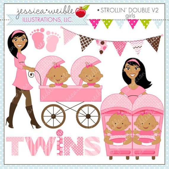 Strollin Double Girls V2 Cute Digital Clipart for Commercial or Personal Use, TWIN GIRLS Clipart, Twins Stroller Il_570xn