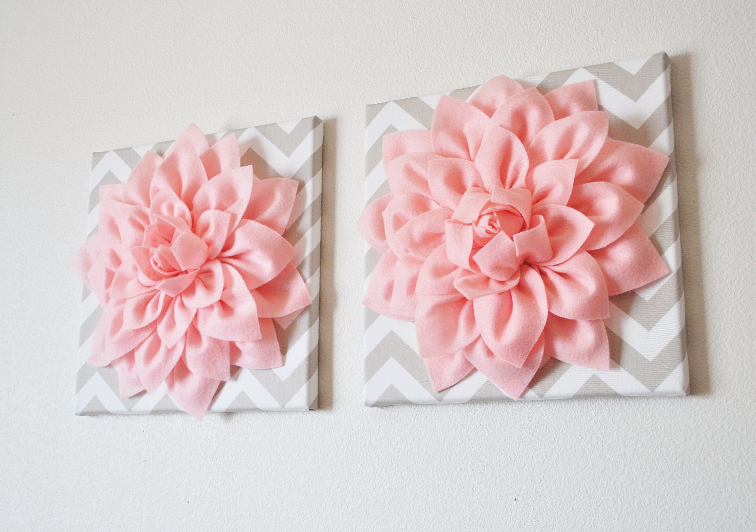 TWO Wall  Flowers Light Pink  Dahlia on Taupe and White Chevron