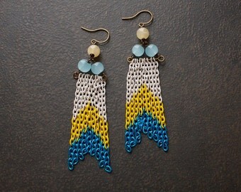 Color Blocked Chevron Shoulder Duster Dangle Earrings with Pale Blue Jade and Honey Jasper Beads