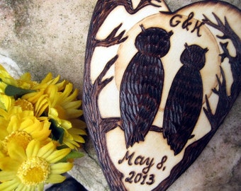 Owl wedding cake topper -Owls, Branches and the Moon Silhouette wood burning-Personalizable