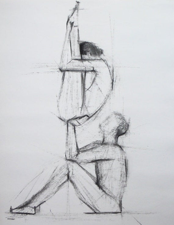 Couple Support Original Figure Charcoal Gesture Drawing 14 X