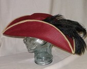 Red Pirate Hat- Classic Tricorn with Gold Trim and Black Feathers Red Pirate Hat- Classic Tricorn with Gold Trim and Black Feathers