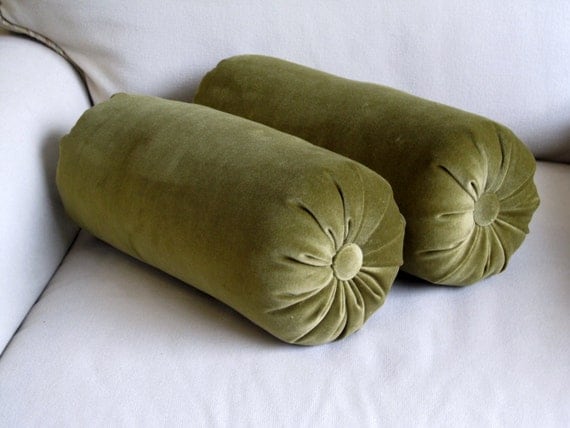 VELVET olive green Bolster pillows 6x14 pair