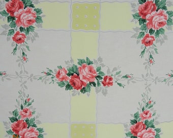 Vintage Wallpaper - Pink and Red Roses on Grey and Yellow - 1 Yard