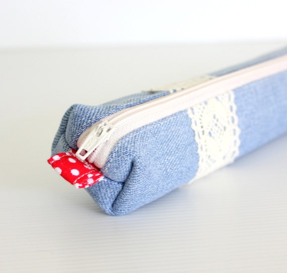 Recycled Jeans Pencil Case Blue and Red Polka Dot Cotton