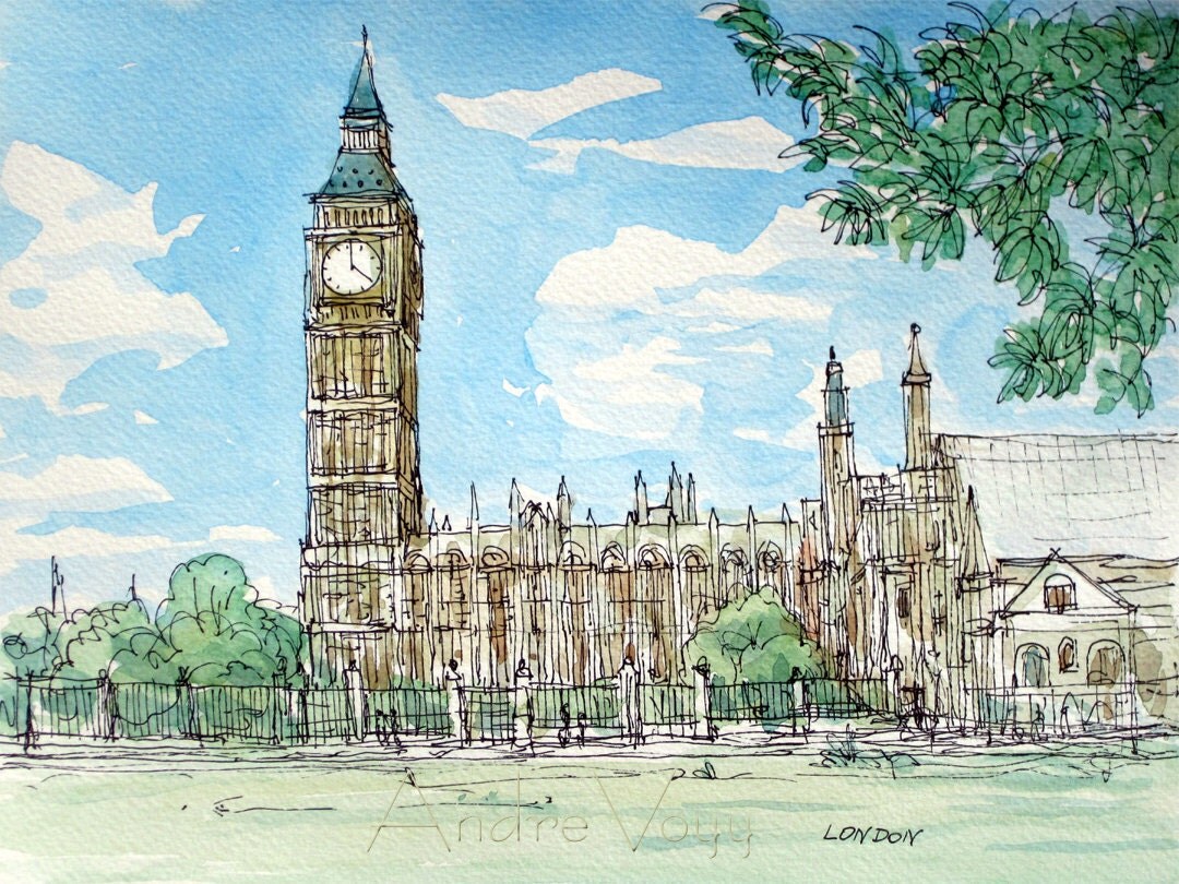 London Big Ben and Westminster Abbey art print from an