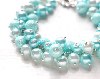 Light Blue Winter Wedding Bridesmaid Jewelry Pearl Cluster Bracelet - Water Drops