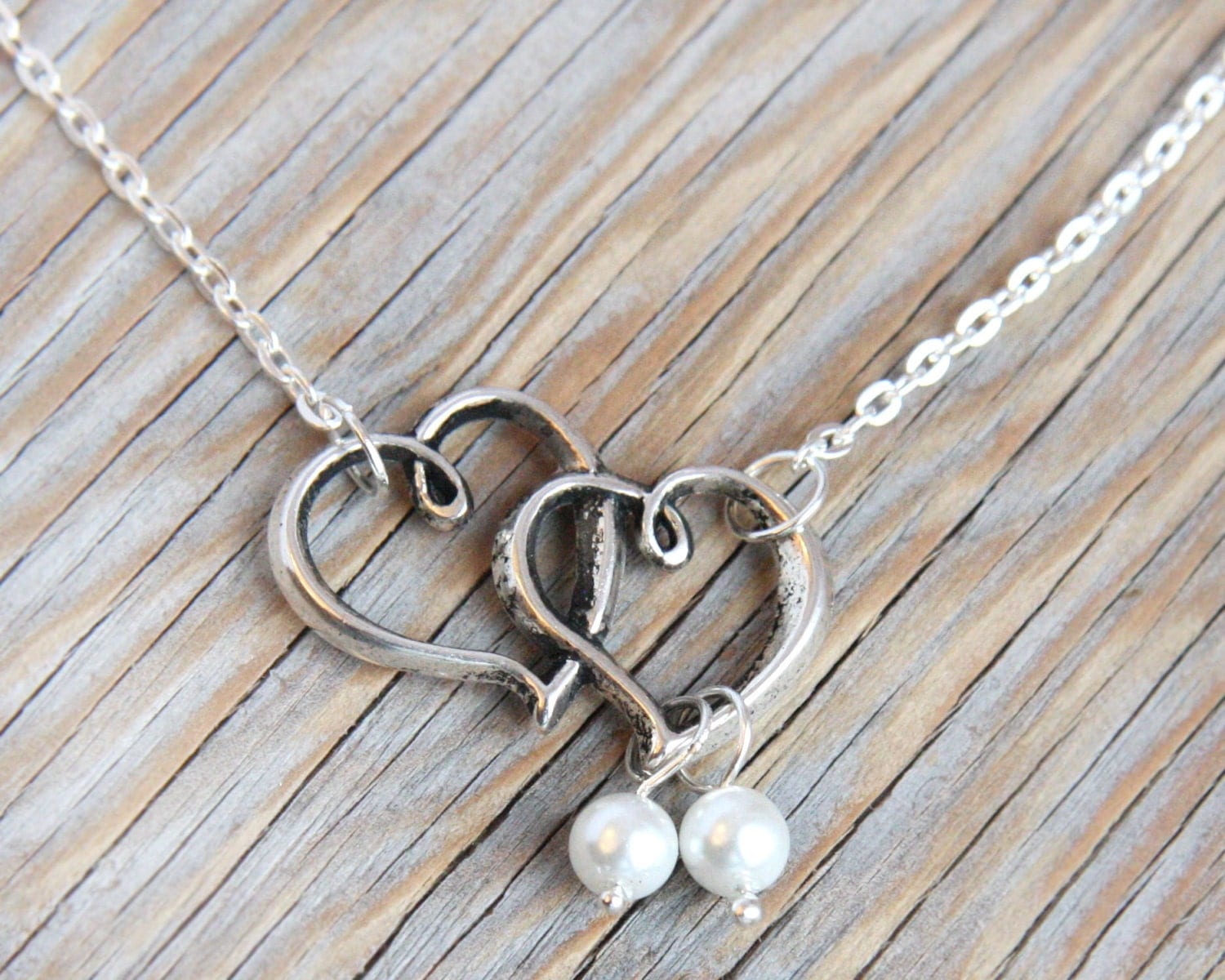 Heart Necklace Jewelry Two Hearts Necklace White by KapKaDesign