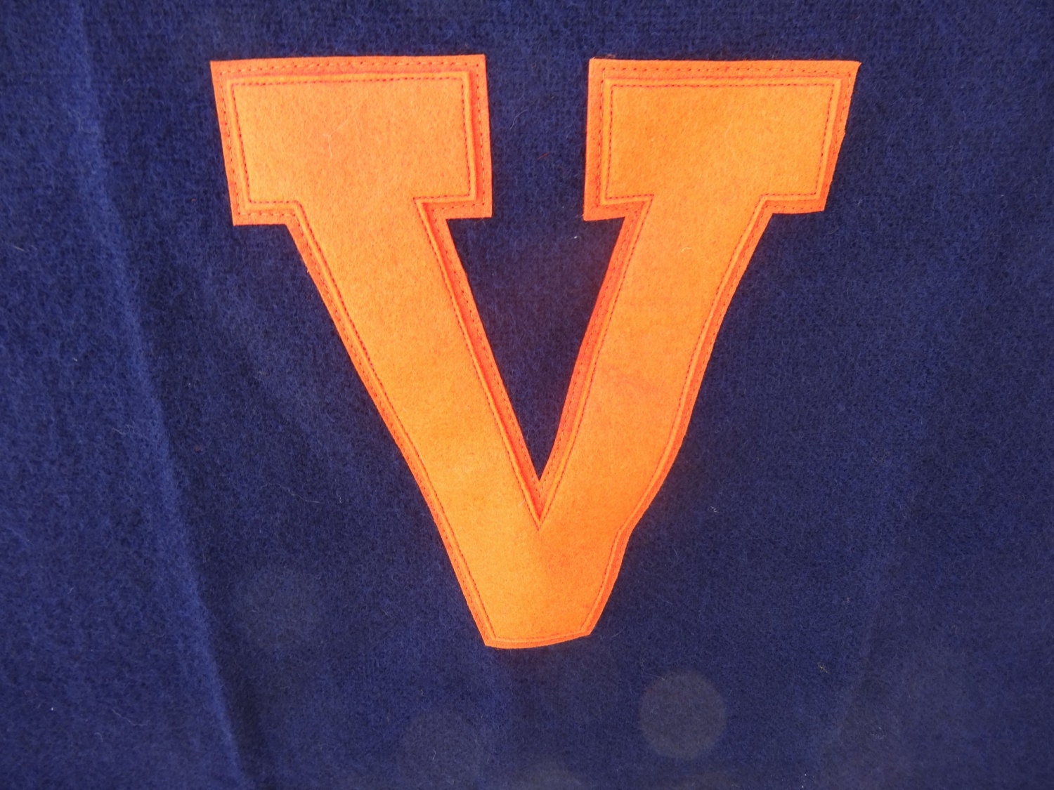 Vintage Wool Dark Blue Blanket With a Varsity Letter V Orange