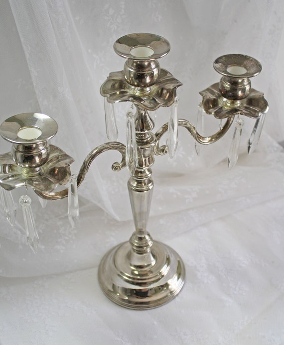 Vintage Silver Plate Candelabra Candle Holder with Prisms