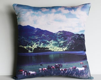 eco friendly pillow decorative cushion, 16x16 VALLEY SCENE organic cotton cushion cover, pillow, 16", 41cms