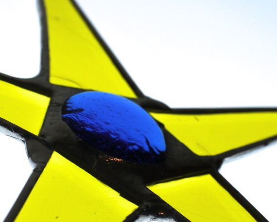 Star of Provence -8 inch stained glass star - yellow and azure blue