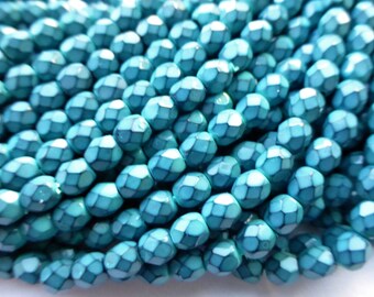 100 Czech Glass Fire Polish in a Turquoise Blue Snake Skin Beads in size 4mm Round