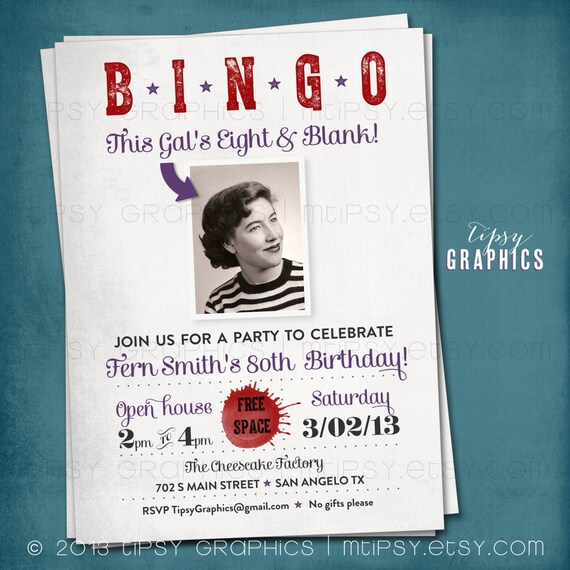 BINGO. This Kid's Eight & Blank. Milestone Surprise Party Invite Perfect with Old School Photo by Tipsy Graphics. Any age, any colors Il_570xn