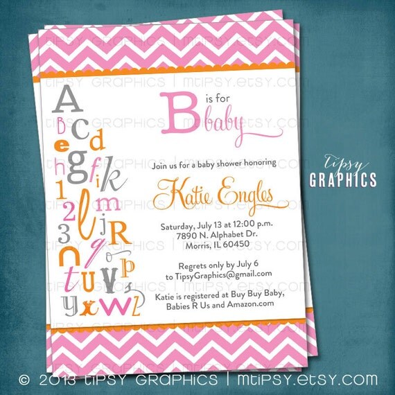 ABC Colorful Chevron Alphabet Baby / Bridal Shower Invitation. Bring a letter. Any colors and text by Tipsy Graphics Il_570xn