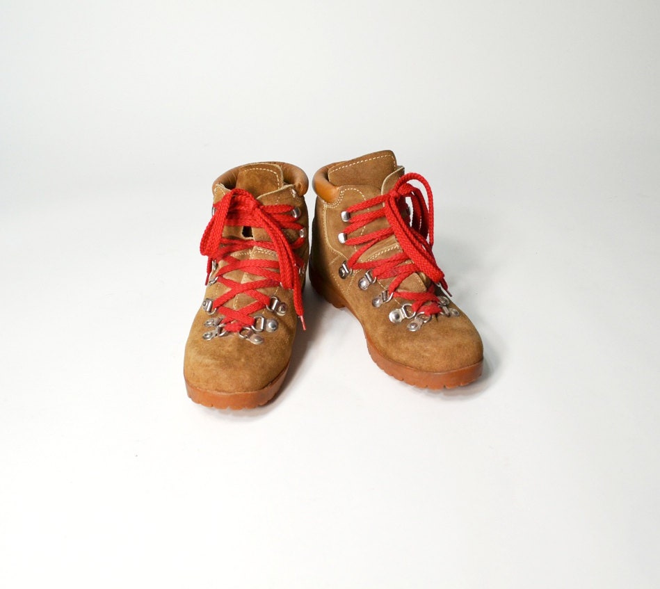 Vintage Tan Leather Hiking Boots with Red by twigandspokevintage