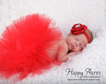 RED TUTU with vintage style headband....newborn tutu....baby tutu....photography prop....size nb-24 month available