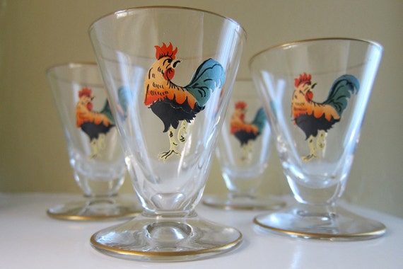 Vintage Rooster Glass Drinking Glasses Mugs At Silversnow Antiques